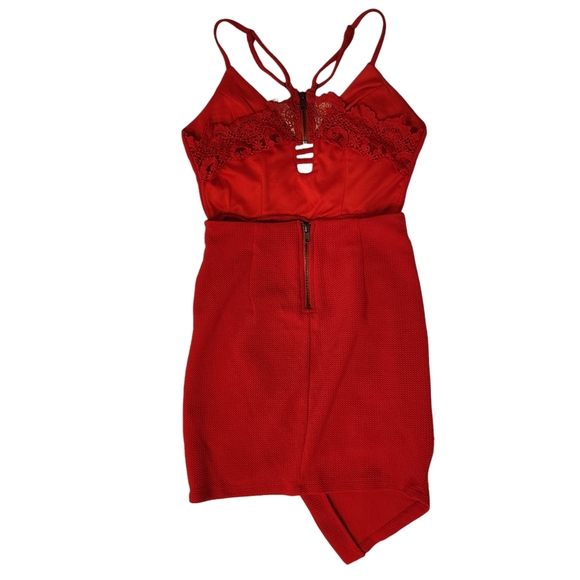 LF Rumor Boutique Asymmetrical Bodycon Wrap skirt Lace Backless Mini Dress - Red - Picture 5 of 8